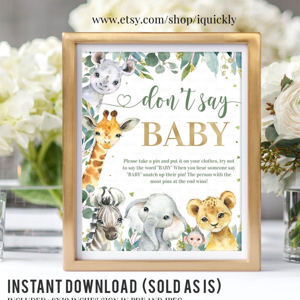 Safari Don't Say Baby Shower Game Sign , Printable Jungle Shh Don't Say Baby Shower Games, Wild one Printable Digital Instant Download