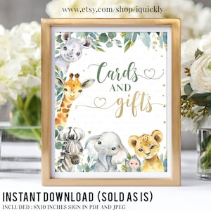 Safari bébé douche cartes et cadeaux signe, 8 x 10 cartes et cadeaux signe, imprimable Jungle sauvage un bébé douche signe téléchargement instantané numérique