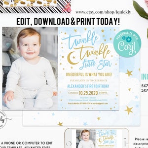 EDITABLE Twinkle Twinkle Little Star Birthday Invitation, Boy Blue and Gold Birthday invite Photo Baby’s First Instant Download Digital