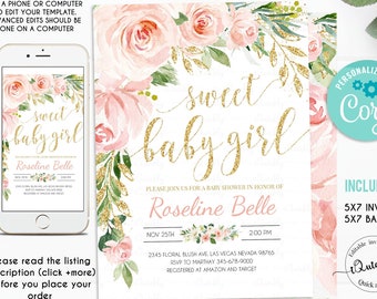 EDITABLE Floral Invitation, Blush Pink Floral Baby Shower Invitation, Printable Baby Shower Invite Template Sweet Baby Girl Instant Download