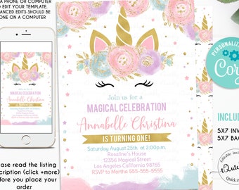 Unicorn Invitation Editable Unicorn Party, Unicorn Birthday Invitations, Magical Unicorn Invite, Girl gold Template Digital Instant Download