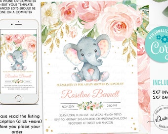 Elephant Baby Shower Invitation Girl, EDITABLE Pink and Gold Shower Invitations Jungle Safari Shower Invite Floral Flower Instant Download