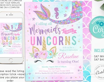 Editable Unicorn Mermaid Birthday Invitation, Mermaid invite, Unicorn party, Magical Unicorn Instant download Printable template digital 4