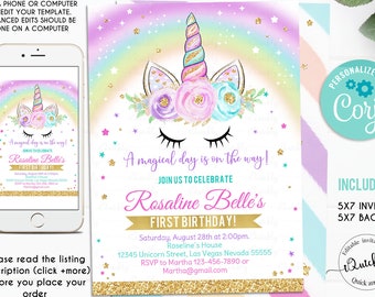 Editable Unicorn Invitation, Rainbow Unicorn invite, Unicorn Party Unicorn Birthday, Magical Unicorn, Girl gold Instant Download Printable