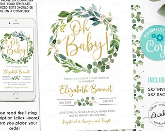 May include: A printable baby shower invitation with a watercolor wreath of green leaves and gold lettering that says "Oh Baby!" The invitation is for Elizabeth Bennet and includes the date, time, and location of the shower. It also includes the text "Registered at Amazon and Target".