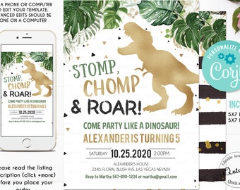 EDITABLE Dinosaur Birthday Invitation, Gold Dinosaur Invites, Dino T-Rex Birthday invitations Digital Printable Template Instant download