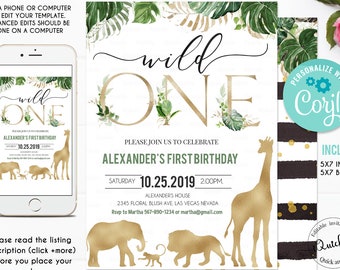 Safari Gold Birthday invitation, EDITABLE Jungle wild one Invitations, Boy 1st Birthday Invites Instant download Printable template