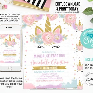 Unicorn Invitation Editable Unicorn Party, Unicorn Birthday Invitations, Magical Unicorn Invite, Girl gold Template Digital Instant Download