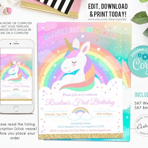 EDITABLE Rainbow Unicorn Birthday Invitation, Unicorn party, Magical Unicorn, Unicorn invite Unicorn and Rainbow download Template Digital 3
