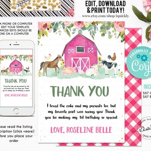 MODIFIABLE Ferme Merci carte Fille Basse-cour Premier Anniversaire Note carte Animaux de la Ferme Imprimable Anniversaire Modèle carte Imprimable Téléchargement instantané