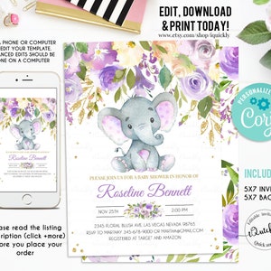 Elephant Baby Shower Invitation Girl EDITABLE Purple Shower Invitations Jungle Safari Shower Invite Floral Flower Instant Download Printable