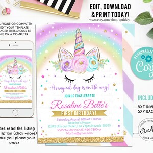 Editable Unicorn Invitation, Rainbow Unicorn invite, Unicorn Party Unicorn Birthday, Magical Unicorn, Girl gold Instant Download Printable