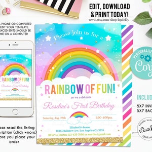 Rainbow Birthday Invitation EDITABLE, ANY Age, Rainbow Confetti Invite Party Girl or Boy, instant Download Printable Digital Template
