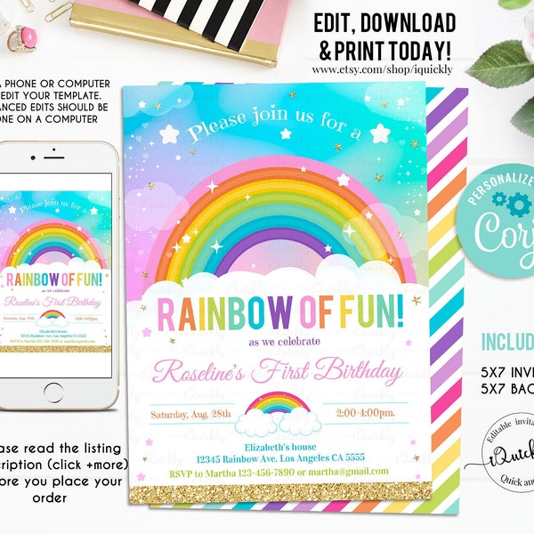 Rainbow Birthday Invitation EDITABLE, ANY Age, Rainbow Confetti Invite Party Girl or Boy, instant Download Printable Digital Template