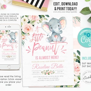 Elephant Baby Shower Invitation Girl, EDITABLE Pink Elephant Girl Baby Shower Invite, Invitations Printable template Instant download