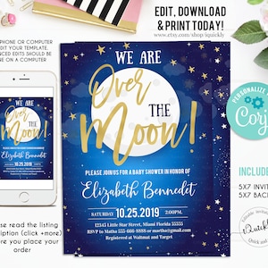Moon and Star Baby Shower invitation EDITABLE, Over the Moon Invites, Space themed Invitations, Galaxy Instant download Printable Template