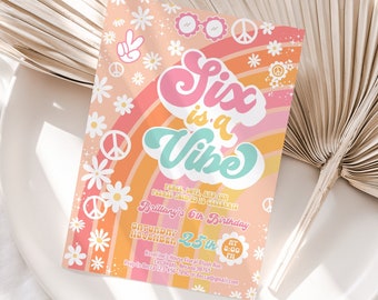 Editable Groovy 6th Birthday Invitation EDITABLE SIX is a Vibe Daisy Rainbow Hippie Invite Template Instant Download