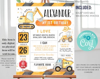 Cartel de cumpleaños de hito de construcción EDITABLE Dump Truck Cumpleaños Pizarra signo 1er cartel de cumpleaños Plantilla de descarga digital instantánea C1