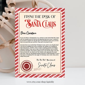 Editable Personalized Letter from Santa Claus From The Desk of Santa Christmas Eve North Pole Mail Instant Download Printable Template