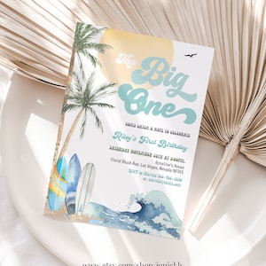 The Big One Invitation Editable Surfing Boy 1st Birthday Party Invite Retro Boy Surf Van Surfboard Beach Party Digital Download