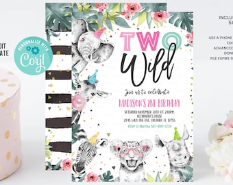 Editable Birthday Invitation Girl Two Wild Animals Invite Pink and Gold Safari Zoo Instant Download Printable Template Digital Corjl