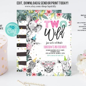 Editable Birthday Invitation Girl Two Wild Animals Invite Pink and Gold Safari Zoo Instant Download Printable Template Digital Corjl image 1