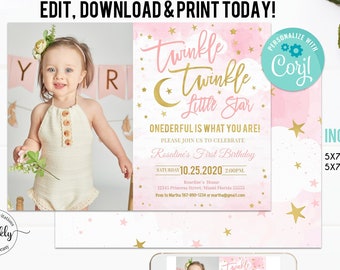 EDITABLE Twinkle Twinkle Little Star Birthday Invitation, Girl Pink and Gold First Birthday invites photo Instant Download Template Digital