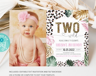 Editable Two Wild Leopard Print Jungle Birthday Party Invitation Leopard Print Invite Born Two Wild Template Digital Instant Download