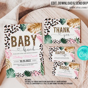 EDITABLE Leopard print Baby Shower Invitaciones Set Girl Leopard Baby Shower Invitar Paquete Safari Animales Inserta Plantilla Descarga Instantánea
