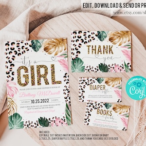 EDITIERBARE Leopardendruck Baby Shower Einladungen Set es ist ein Mädchen Baby Shower Invite Bundle Paket Pack Einsätze Vorlage Sofortiger Download