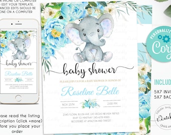 Elephant Baby Shower Invitation boy, EDITABLE Boy Baby Shower Invitations, Jungle Safari Baby Shower Invite, Floral Instant Download