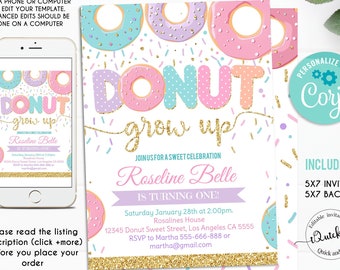 EDITABLE Donut Grow Up Birthday Invitation, Donut Grown Up Invite Donut 1st Birthday Party Invitations doughnut Girl invite Instant Download