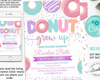 Donut Grow Up Birthday Invitation, EDITABLE Donut Grown Up Invite Donut 1st Birthday Party Invitations doughnut Girl invite Instant Download