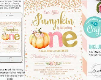 Editable Pumpkin First Birthday Invitation, Little pumpkin Invitations, Fall Autumn 1st Birthday Invites Instant download Printable template
