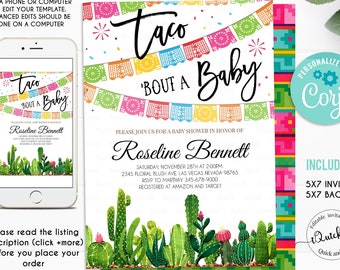 Editable Fiesta Baby shower Invitation, Cactus, Taco Bout Baby, Gender Reveal Couples Shower, Gender Neutral Taco Tuesday Instant download