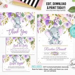 Elephant Baby Shower Invitation Set Girl Purple EDITABLE Pack, Book for baby, Diaper raffle Package Floral Flower Instant Download Printable