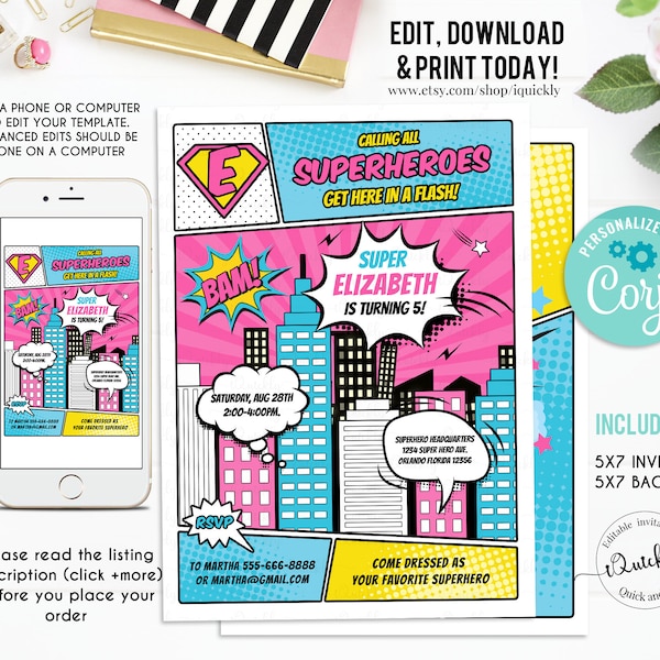 Superheroes Invitation Girl, EDITABLE Superhero Birthday Invitations, Super Hero Comic book Printable Invite Template Girls Instant download