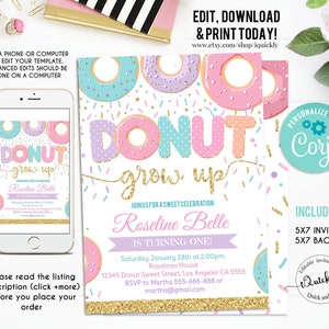 EDITABLE Donut Grow Up Birthday Invitation, Donut Grown Up Invite Donut 1st Birthday Party Invitations doughnut Girl invite Instant Download