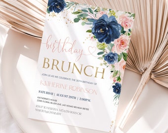 Invitación de brunch de cumpleaños Invitación de brunch editable Fiesta de cumpleaños para adultos 21 30 40 50 60 70 80 elegante floral minimalista digital