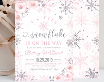Editable Snowflake baby shower invitation, A little snowflake is on the way, Girl Winter invites, Template Printable Digital Download
