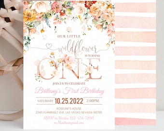 Wildflower Birthday Invitation Girl, Garden first birthday Invite, Wildflower 1st birthday party Printable Template Instant Download