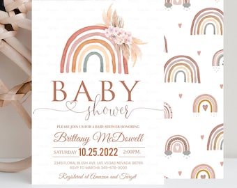 Edytowalne zaproszenie na baby shower w stylu boho z tęczą w kolorze różowej trawy pampasowej. Szablon zaproszenia na baby shower w stylu boho z tęczą do wydrukowania. Natychmiastowe pobranie.