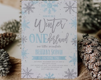 Editable Winter Onederland Invitation, Girl Snowflake First Birthday Blue Silver Winter Wonderland Invites 1st Birthday Template Download