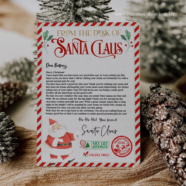 Editable Personalized Letter from Santa Claus From The Desk of Santa Christmas Eve North Pole Mail Instant Download Printable Template