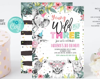 Editable Young Wild and Three Invitation Girl Pink and Gold Safari Animals Zoo Instant Download Printable Template Digital Corjl