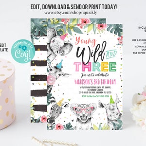 Editable Young Wild and Three Invitation Girl Pink and Gold Safari Animals Zoo Instant Download Printable Template Digital Corjl