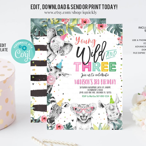 Editable Young Wild and Three Invitation Girl Pink and Gold Safari Animals Zoo Instant Download Printable Template Digital Corjl