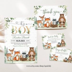Wald-Baby-Dusche-Einladungs-Set, EDITIERBAR Es ist ein Junge Pack, Waldtiere Einladungen, Paket, Woodland Theme Instant download