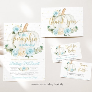 Editable Pumpkin Baby Shower Invitation Set Blue and gold Little pumpkin invitations Package White Pumpkin Bundle Pack Instant download