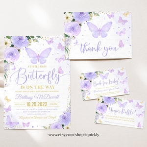 Editable Purple Butterfly Baby Shower Invitation Bundle Set Girl Butterfly Theme invite Diaper Book Printable Template Instant Download